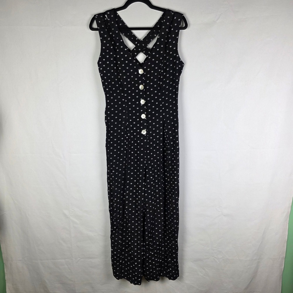 Vintage Express Polka Dot Jumpsuit Black White Wide Leg Crisscross Back Size 5